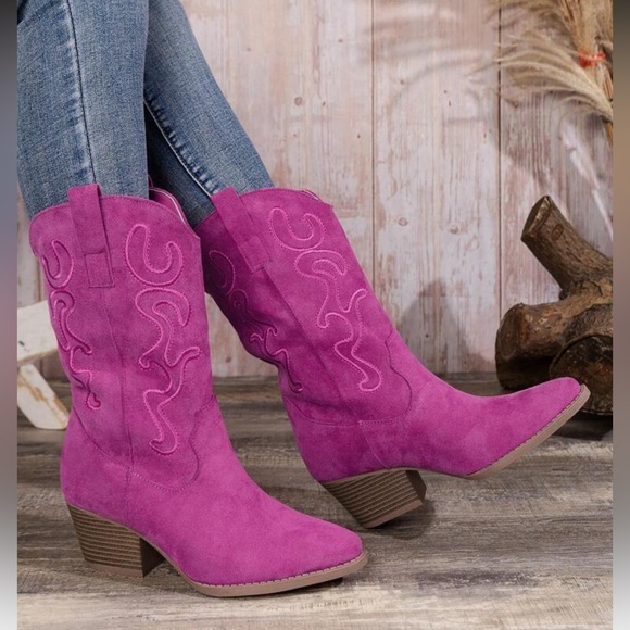 Pink Embroidered Western  Ankle Booties - Picture 1 of 6